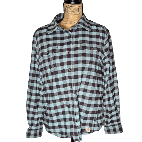 Carhartt Women's Teal & Black Plaid Button Down Shirt - Large - Picture 1 of 4